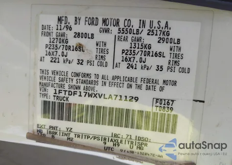 1997 Ford F-150 Lariat/Standard/Xl/Xlt from USA, damaged, VIN 1FTDF17WXVLA71129